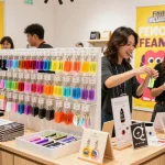 Engaging scene featuring customers exploring custom keychains at a vibrant pop-up shop.