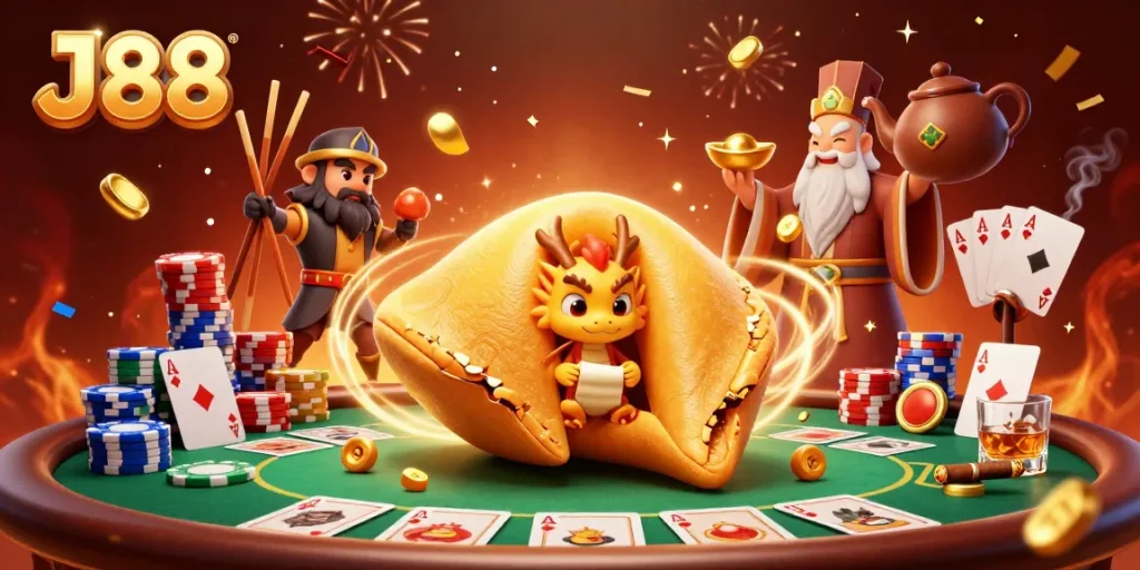 Engage with J88's dynamic casino scene featuring a wise dragon and fortune cookie