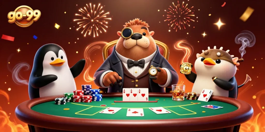 Play poker with go-99 at an underwater casino showcasing vibrant characters and rich game elements.
