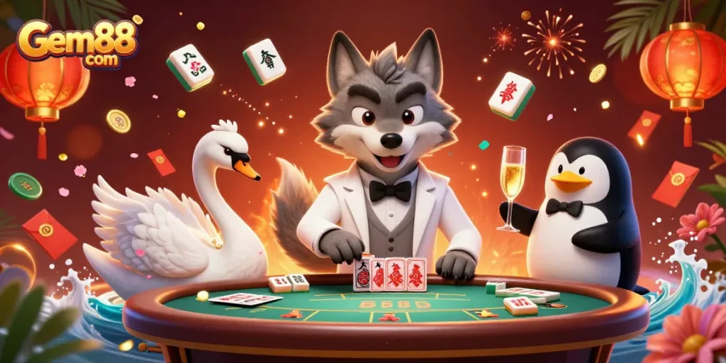 Experience thrilling gameplay at Gem88 com with a vibrant casino scene featuring lively characters and dynamic gaming elements.