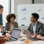 Contabilitate ONG: echipă diversă discutând strategii financiare pentru organizații non-profit.