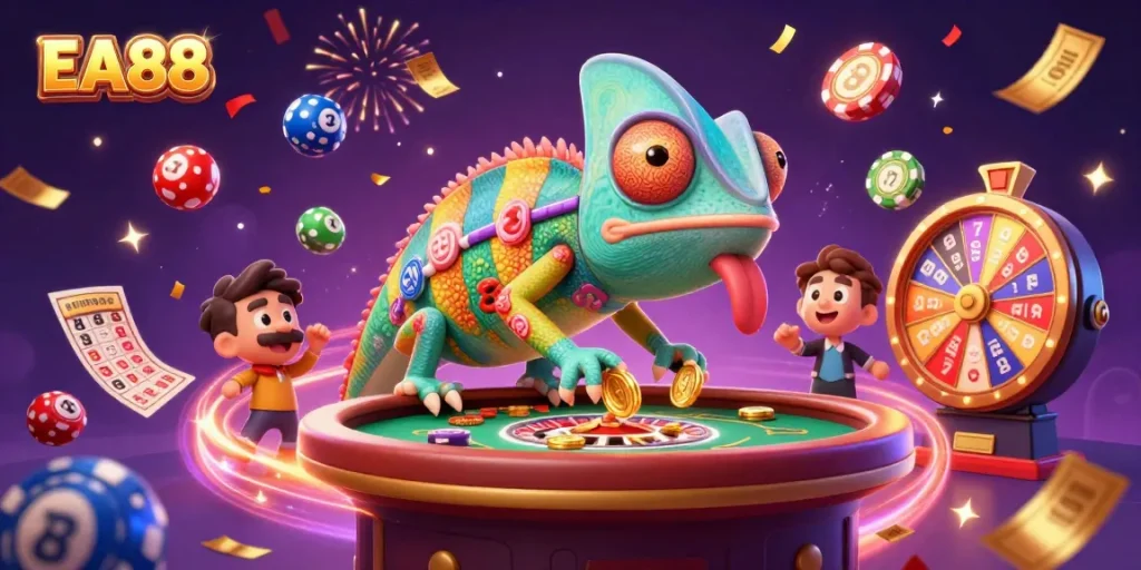 Experience the excitement of EA88 with a vibrant casino scene featuring a chameleon and dynamic game elements.