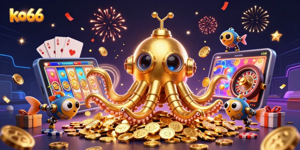 Engage in thrilling gameplay at ko66 with vibrant slot machines and dazzling golden coins.