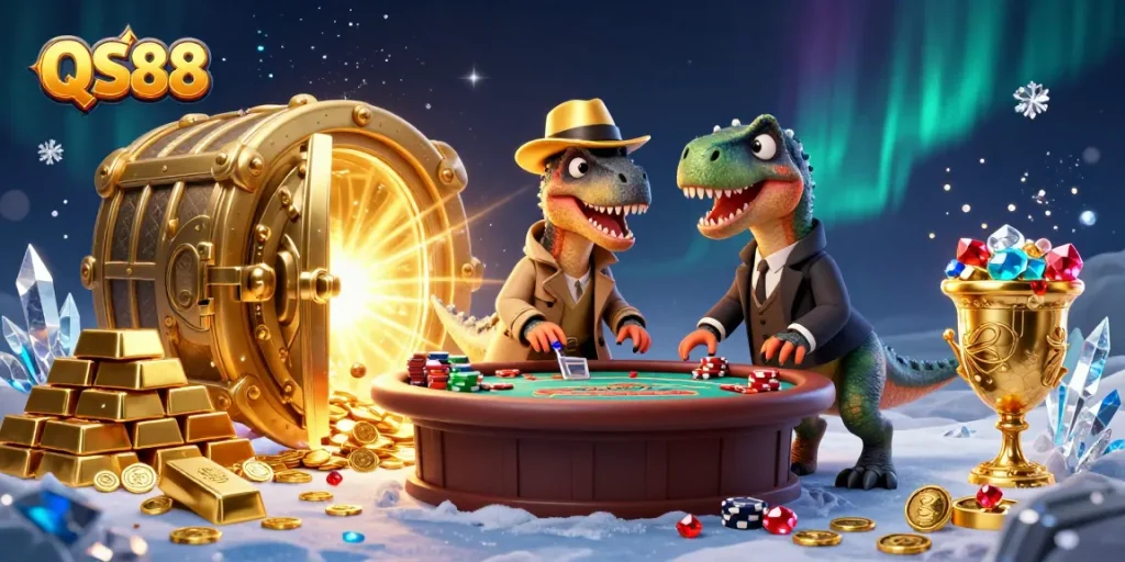 Experience thrilling action at QS88's blackjack table featuring a velociraptor card counter.