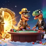 Experience thrilling action at QS88's blackjack table featuring a velociraptor card counter.