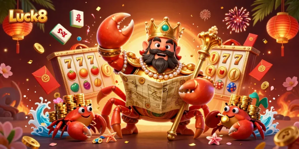 Luck8 players enjoying a rich casino experience with golden crab, slot machines, and festive decorations.