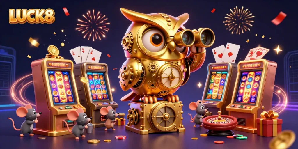 LUCK8 captivates with its stunning 3D casino scene, showcasing vibrant gambling action and festive energy.