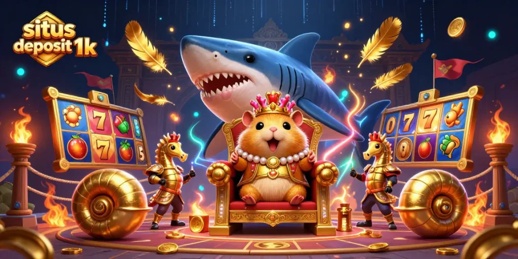 Sparks fly in the vibrant casino scene with situs deposit 1k, where the tiny golden hamster king reigns supreme over chaotic slot machines.