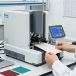 Technician using the Elmendorf tear strength test method in a modern laboratory setting.