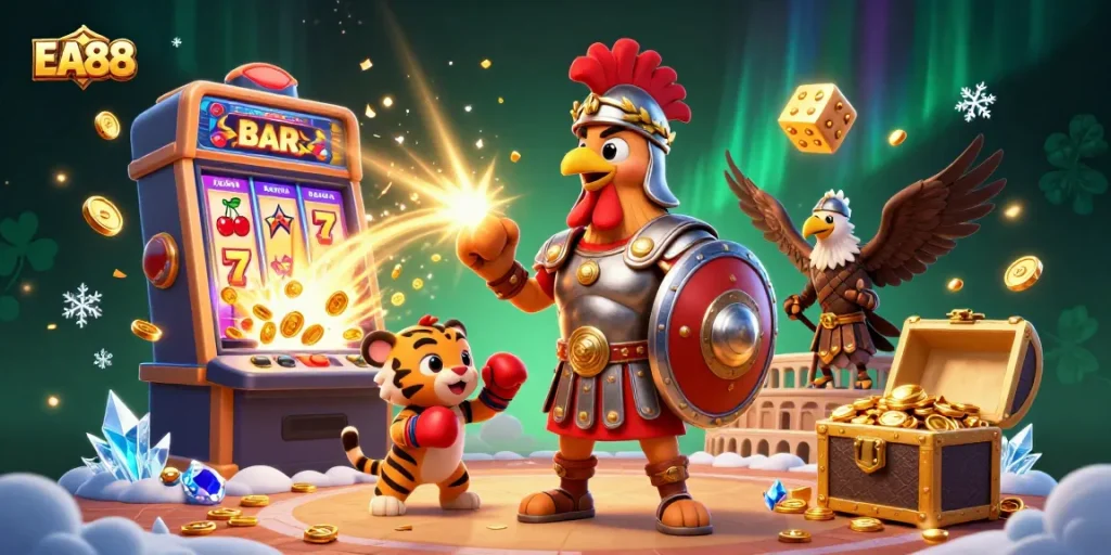 Engage in the thrilling experience of EA88 with a dynamic 3D illustration featuring a gladiator rooster and slot machine.