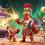 Engage in the thrilling experience of EA88 with a dynamic 3D illustration featuring a gladiator rooster and slot machine.