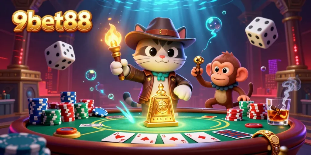 Unleash thrilling gameplay with 9bet88 as an explorer cat uncovers golden casino treasures.
