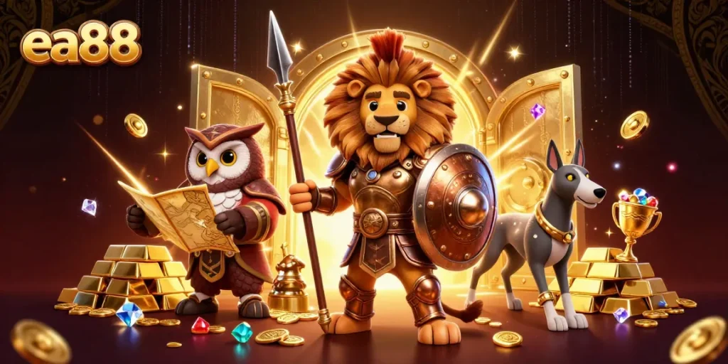 Experience the thrill of ea88 with an epic 3D illustration of heroes amidst a treasure vault