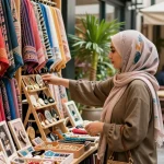 Hijabi store featuring a woman stylishly browsing colorful hijabs in a vibrant urban marketplace.