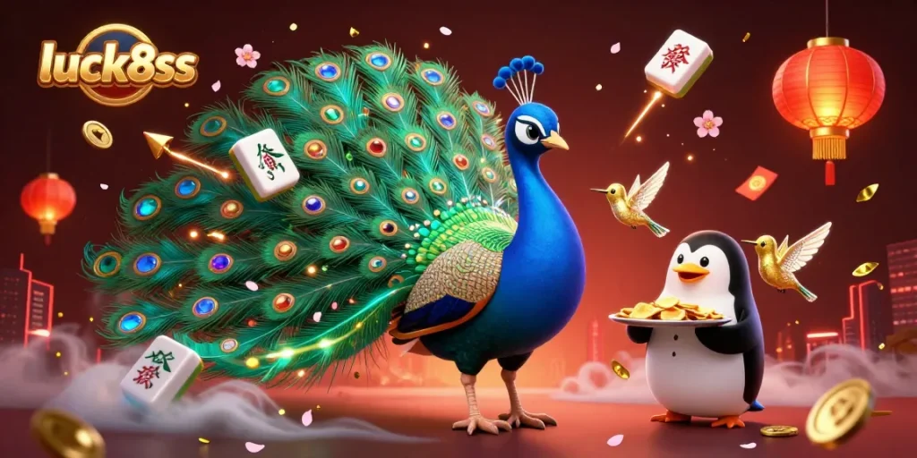 Engage with luck8ss through vibrant 3D casino art showcasing a colorful peacock and cheerful penguin.