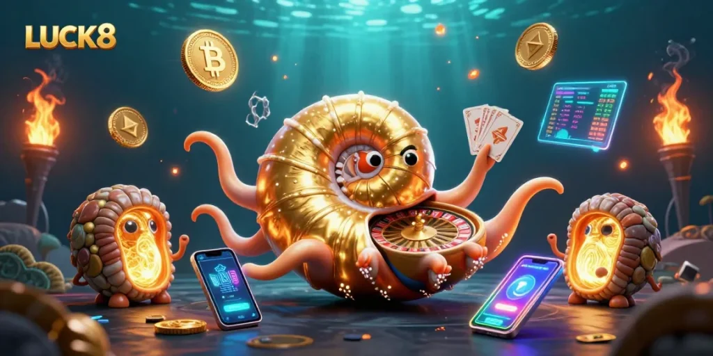 Experience LUCK8's thrilling gaming with vibrant neon elements and dynamic characters in a rich underwater scene.