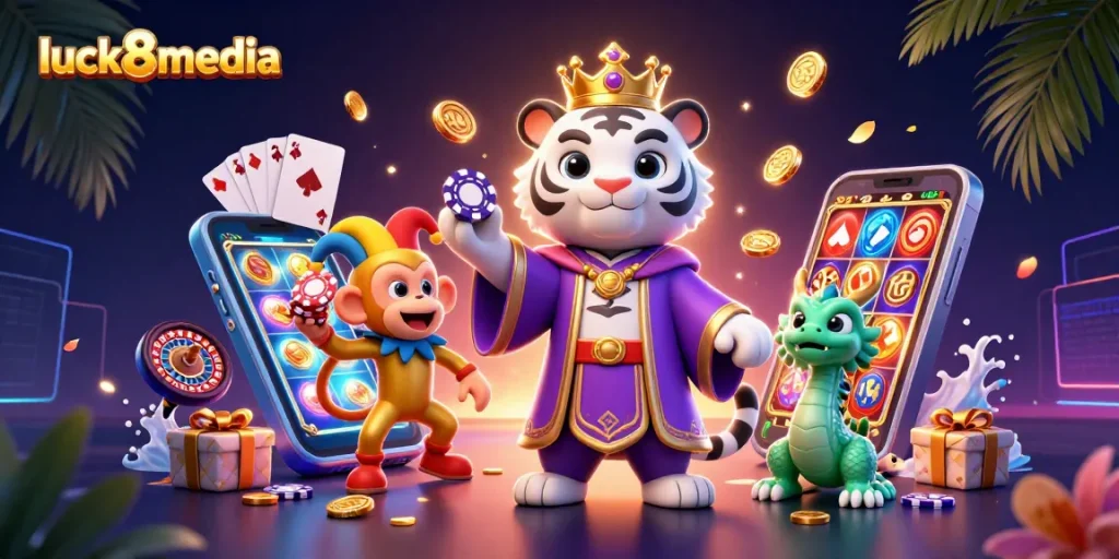 Luck8media showcases a vibrant online casino scene with a dynamic illustration featuring a white tiger and a golden monkey entertaining with poker chips.