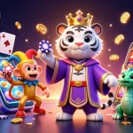 Luck8media showcases a vibrant online casino scene with a dynamic illustration featuring a white tiger and a golden monkey entertaining with poker chips.