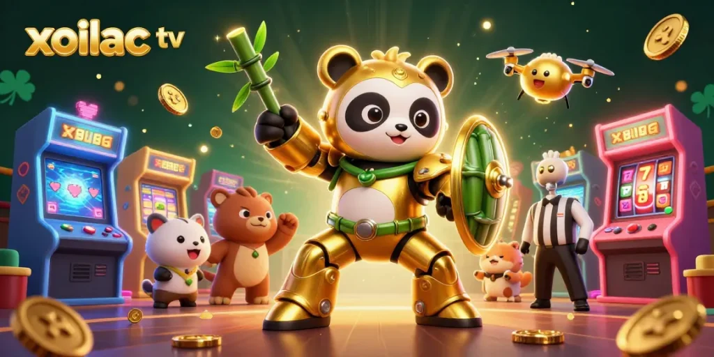 Xoilac TV showcases a golden panda in a mech suit piloting a robot amidst vibrant slot games.
