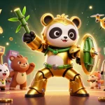 Xoilac TV showcases a golden panda in a mech suit piloting a robot amidst vibrant slot games.