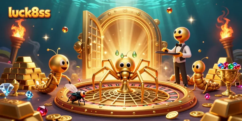 Place your bets at luck8ss with this vibrant 3D casino illustration of a spider croupier spinning a roulette web.
