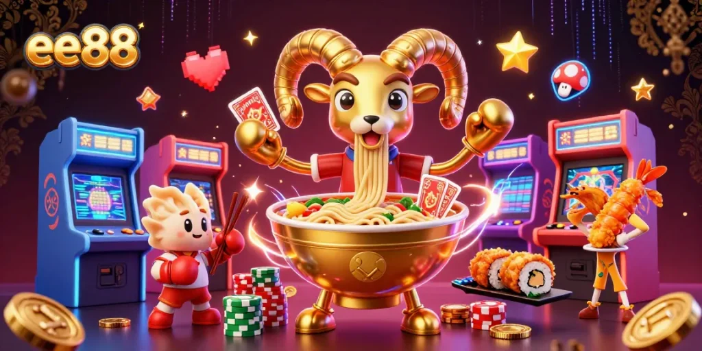 ee88 engages players with exciting cartoon characters in a vibrant casino scene filled with games.