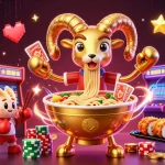 ee88 engages players with exciting cartoon characters in a vibrant casino scene filled with games.