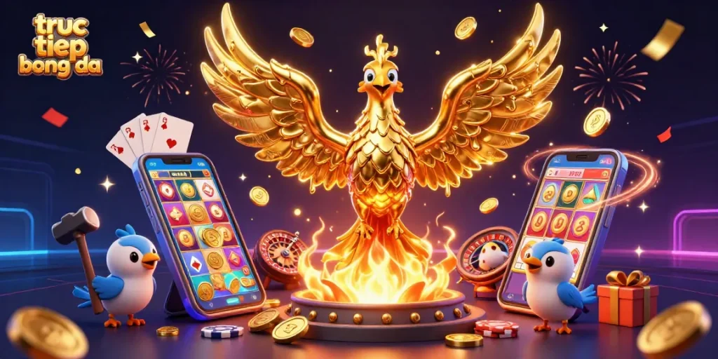 Engage with truc tiep bong da through a vivid scene featuring molten golden phoenix, vibrant game elements, and a dynamic betting atmosphere.