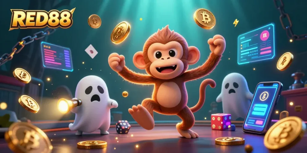 Engage in dynamic casino fun with RED88, featuring playful characters amidst glowing crypto visuals.