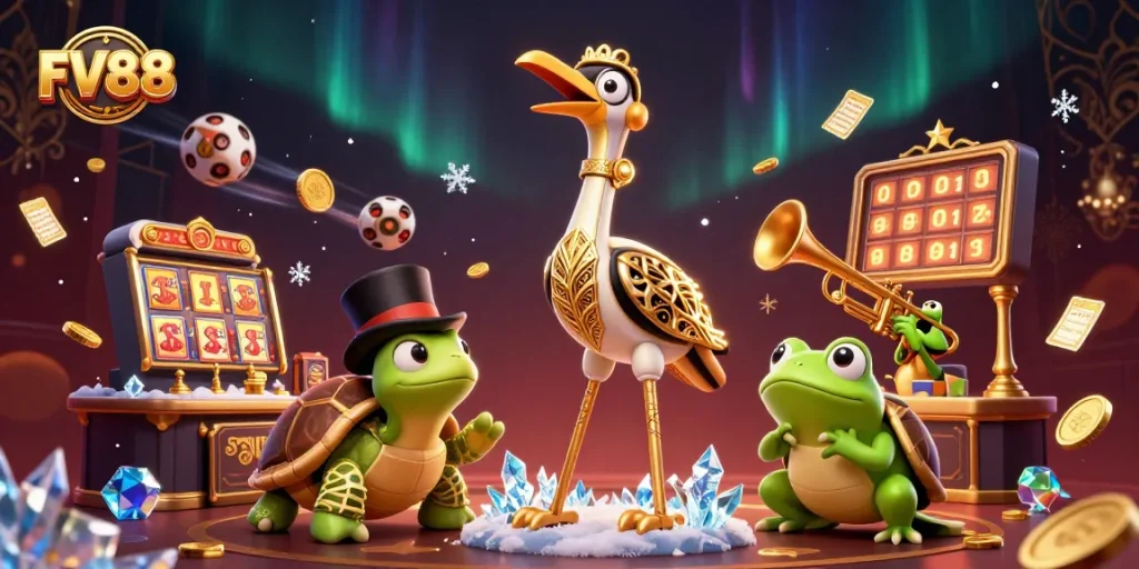 Engage in thrilling casino adventures with FV88 at a glamorous game-filled illustration.