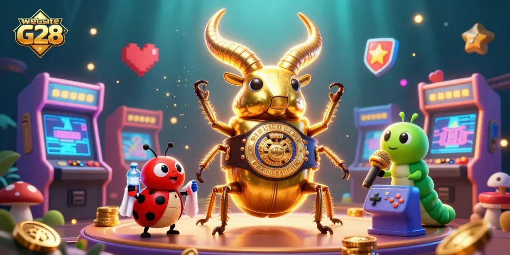 Engage with website G28's vibrant gambling scene featuring lively characters and rich casino elements.