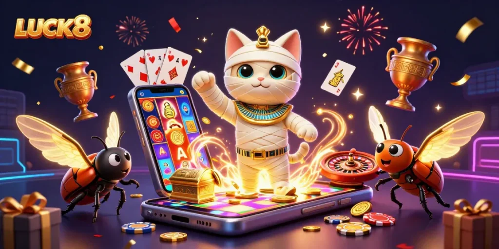 Experience exciting gaming with LUCK8 in a vibrant Egyptian-themed illustration featuring dynamic casino elements.