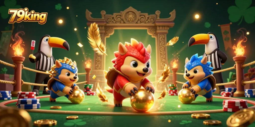 Action-packed scene of pangolins competing at 79king casino, showcasing vibrant gambling elements.