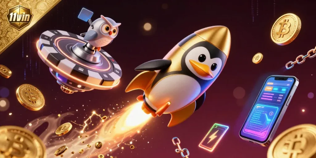 Spin to win exciting jackpots with 11win, featuring a vibrant 3D penguin-themed casino scene.