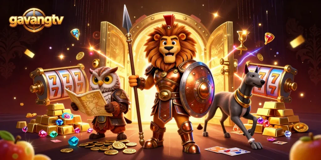 Engage with gavangtv's captivating casino features, showcasing vibrant slot reels and sparkling treasures.