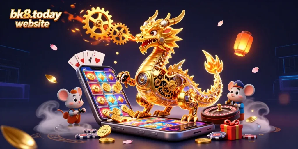 Engage with the bk8.today website's vibrant 3D casino scene, showcasing a golden dragon amidst dynamic gaming elements.