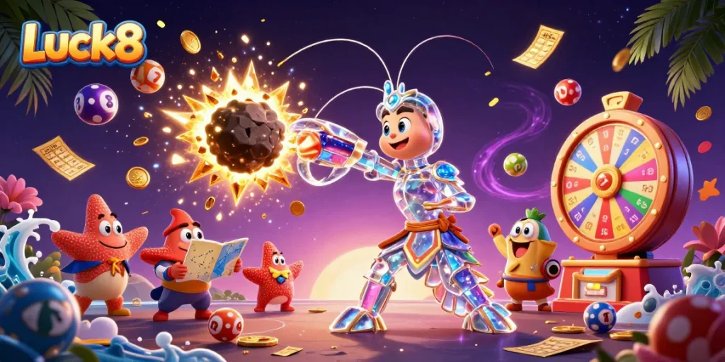 Luck8 brings excitement with vibrant casino games and colorful prizes bursting in a dynamic illustration.