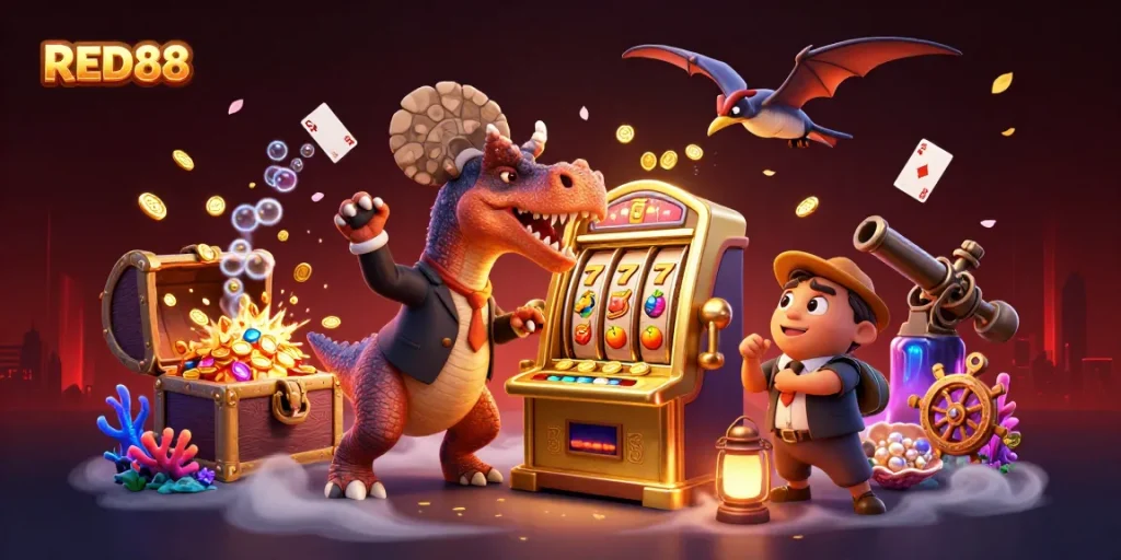 Experience the thrill of RED88 as a pachycephalosaurus wins jackpots in a vibrant casino scene.