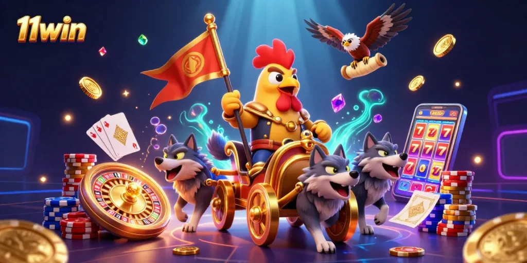 Experience the excitement of 11win with a dynamic casino scene featuring gold, poker chips, and winning elements.