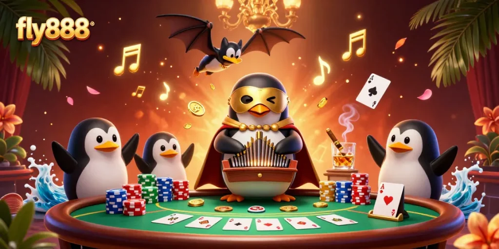 Experience the thrill of fly888 with a vibrant casino scene featuring a penguin organist and gold coins.