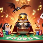 Experience the thrill of fly888 with a vibrant casino scene featuring a penguin organist and gold coins.