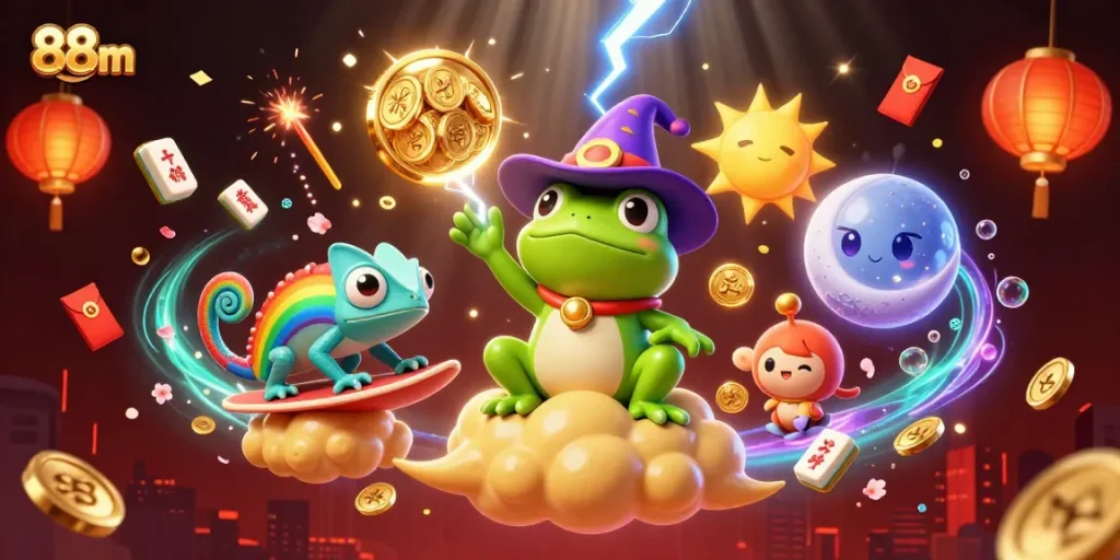 Experience a thrilling moment at 88m, where the frog wizard conjures a storm of coins amidst vibrant casino elements!