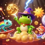 Experience a thrilling moment at 88m, where the frog wizard conjures a storm of coins amidst vibrant casino elements!