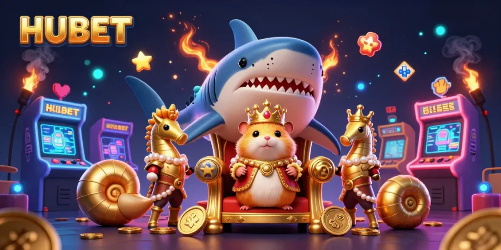 Engage with HUBET's vibrant gaming experience featuring a golden hamster king amidst dynamic casino elements.