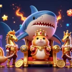 Engage with HUBET's vibrant gaming experience featuring a golden hamster king amidst dynamic casino elements.