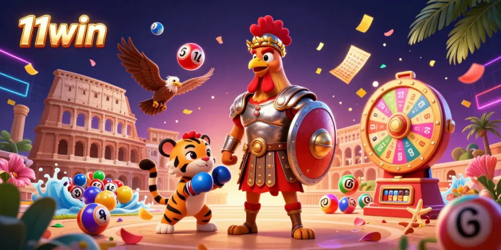 Experience the thrill of 11win with dynamic lottery games, gladiator-themed 3D imagery.