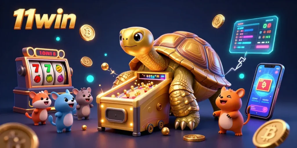 Experience the excitement of 11win with our vibrant 3D illustration featuring colorful casino elements and characters.