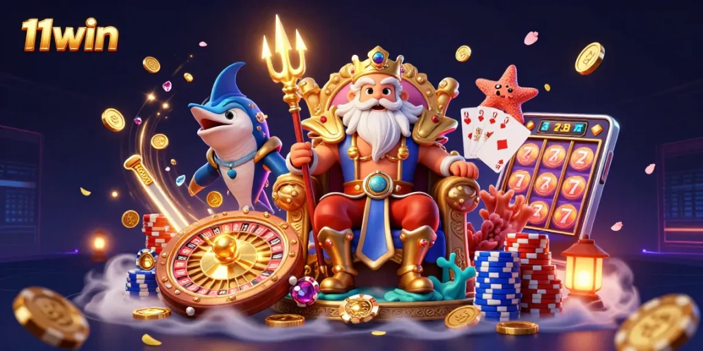 Experience thrilling action with 11win at a dynamic casino scene with Neptune and vibrant gameplay elements.