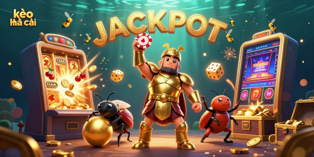 Engage in kèo nhà cái with vibrant 3D casino characters celebrating a jackpot win among dynamic game elements.