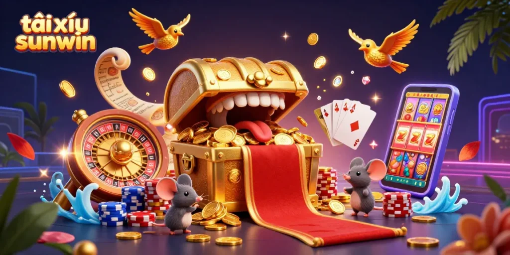 Tài xỉu sunwin showcases an enticing treasure scene with golden coins, poker chips, and a roulette wheel.